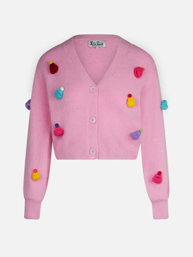 Gebürsteter, kurz geschnittener Damen-Cardigan mit Puffärmeln