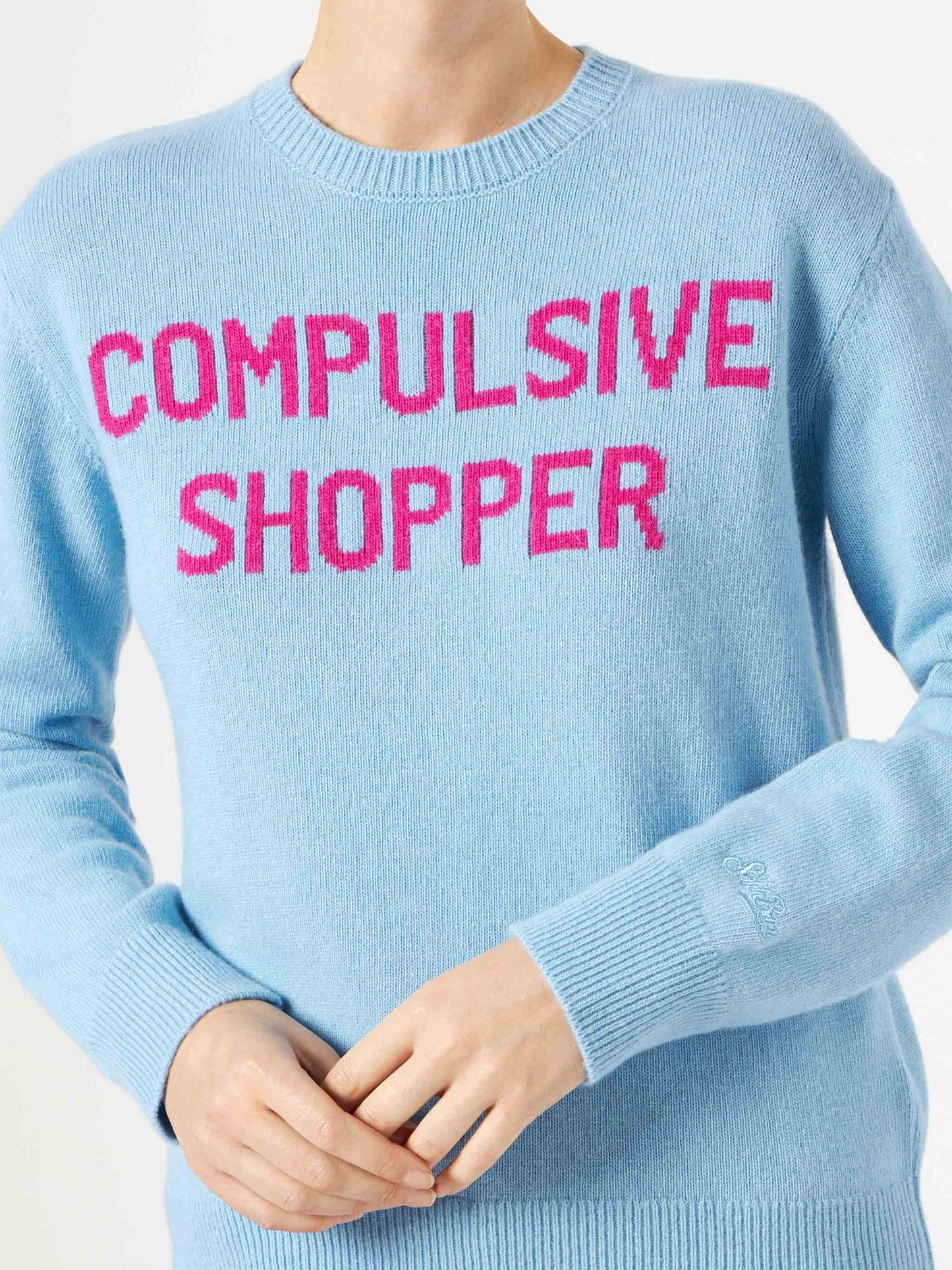 Woman crewneck light blue sweater with Compulsive Shopper jacquard - MC2 Saint Barth