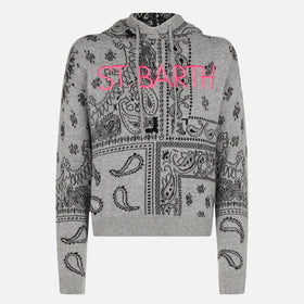Sweat à capuche court Grey Meg en cachemire mélangé avec imprimé bandana 