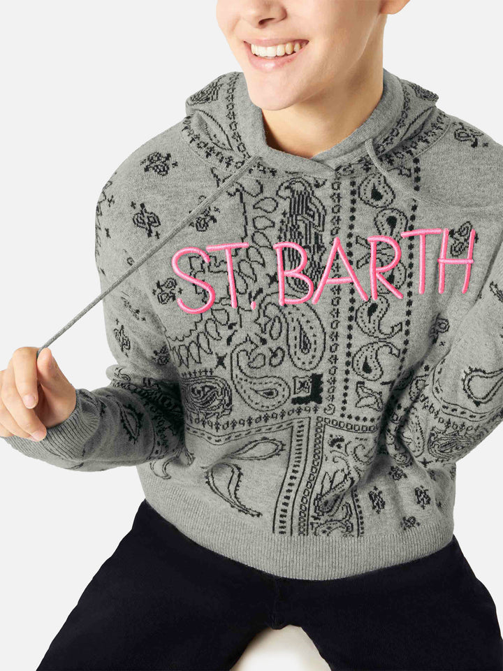 Grey Meg cropped hoodie in blended cashmere with bandana print