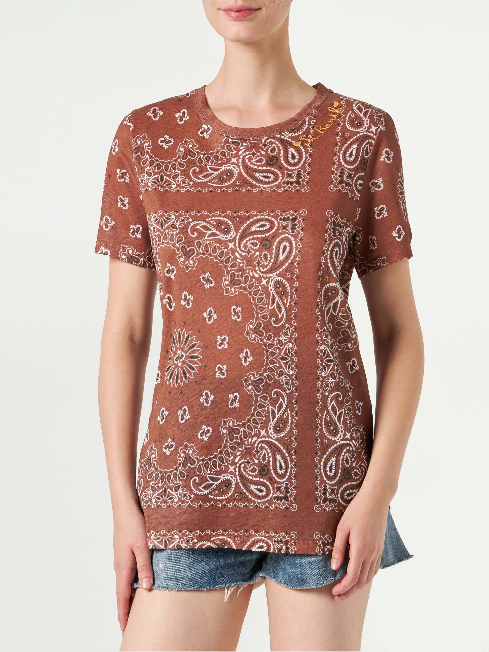 Woman linen t-shirt with bandanna print - MC2 Saint Barth