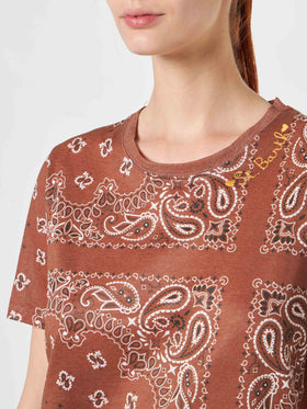 Woman linen t-shirt with bandanna print - MC2 Saint Barth