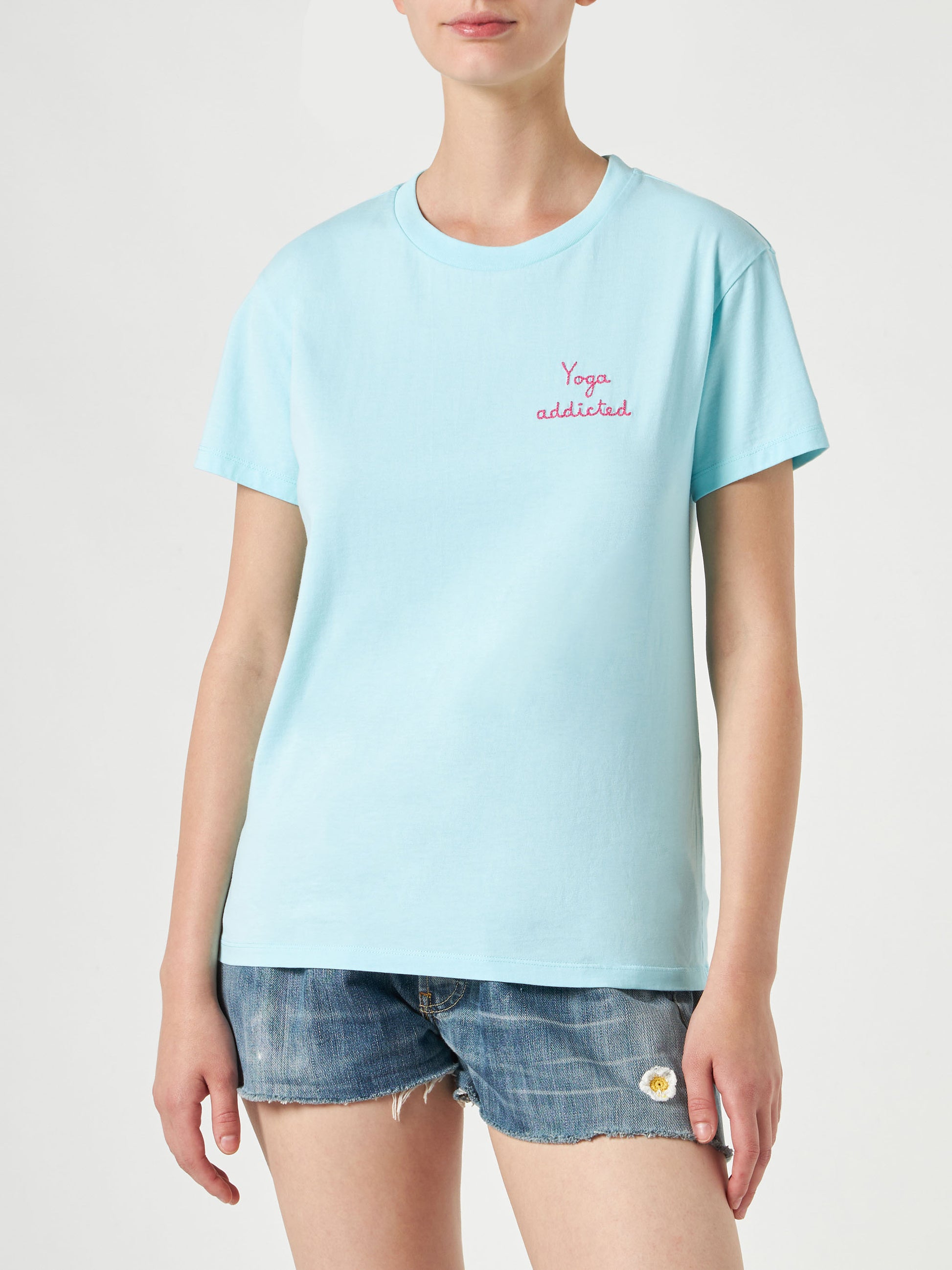 Woman cotton t-shirt with "yoga addicted" embroidered writing - MC2 Saint Barth