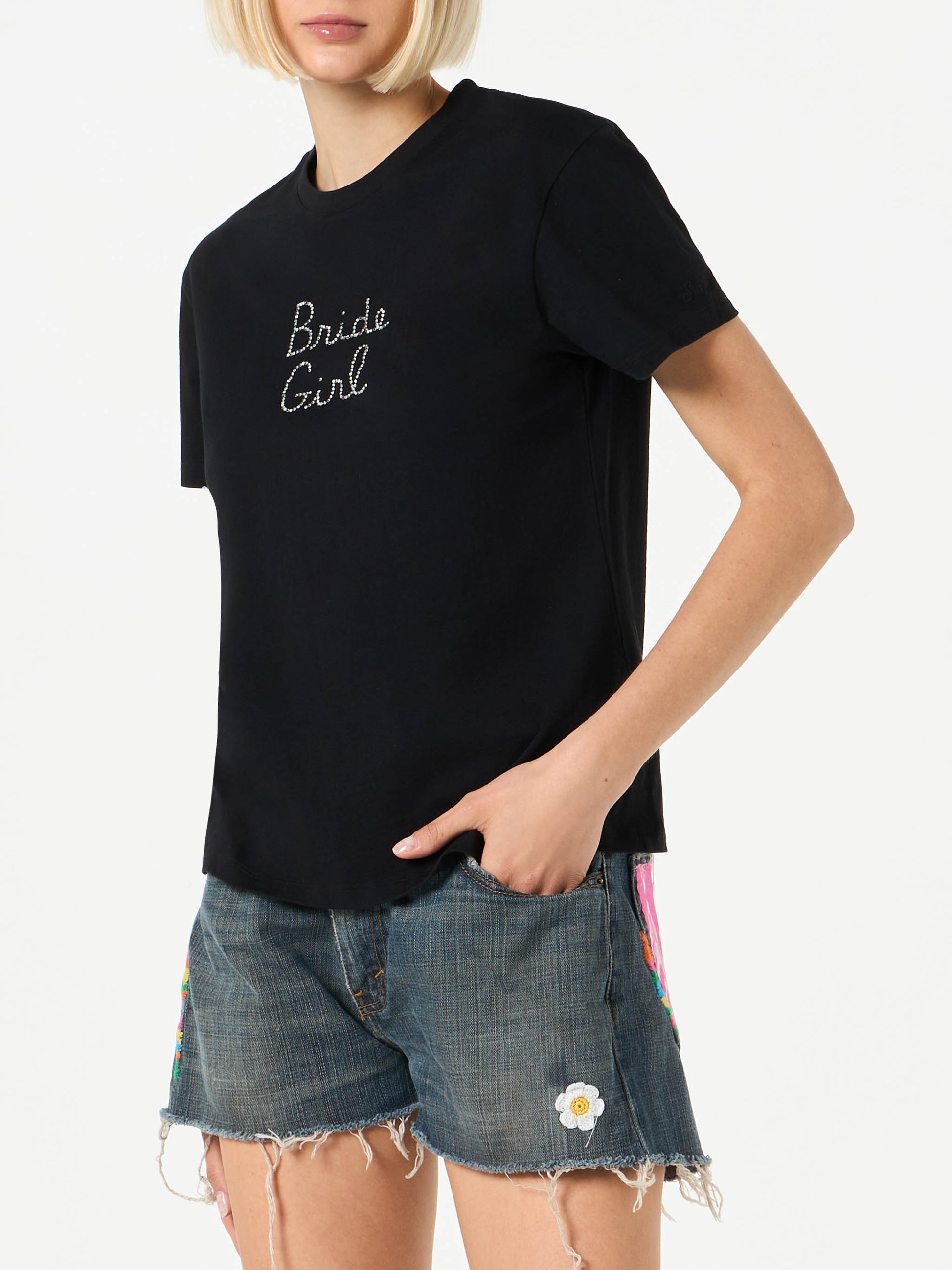 Woman cotton t-shirt with Bride Girl rhinestone embroidery - MC2 Saint Barth