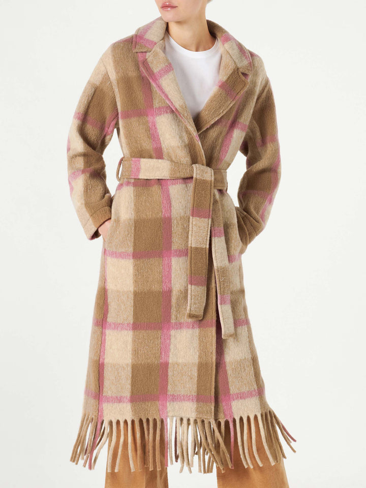 Cappotto lungo Charlot con frange a quadri marrone