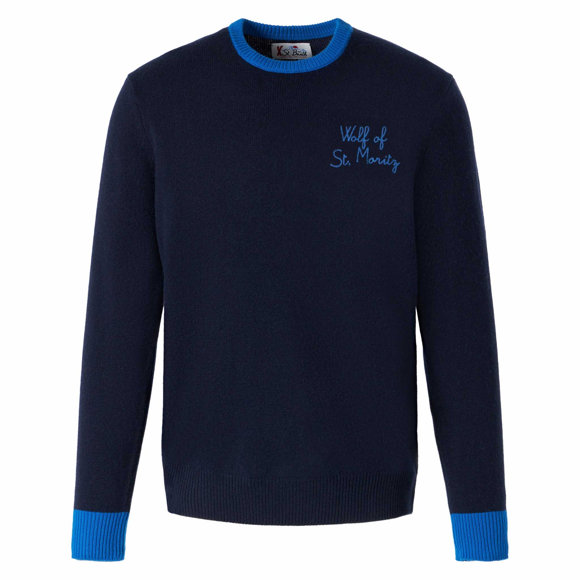 Man navy blue sweater with Wolf of St. Moritz embroidery - MC2 Saint Barth