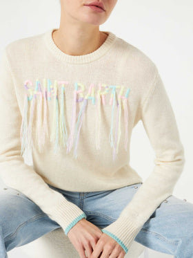 Woman brushed sweater with Saint Barth fringed embroidery - MC2 Saint Barth