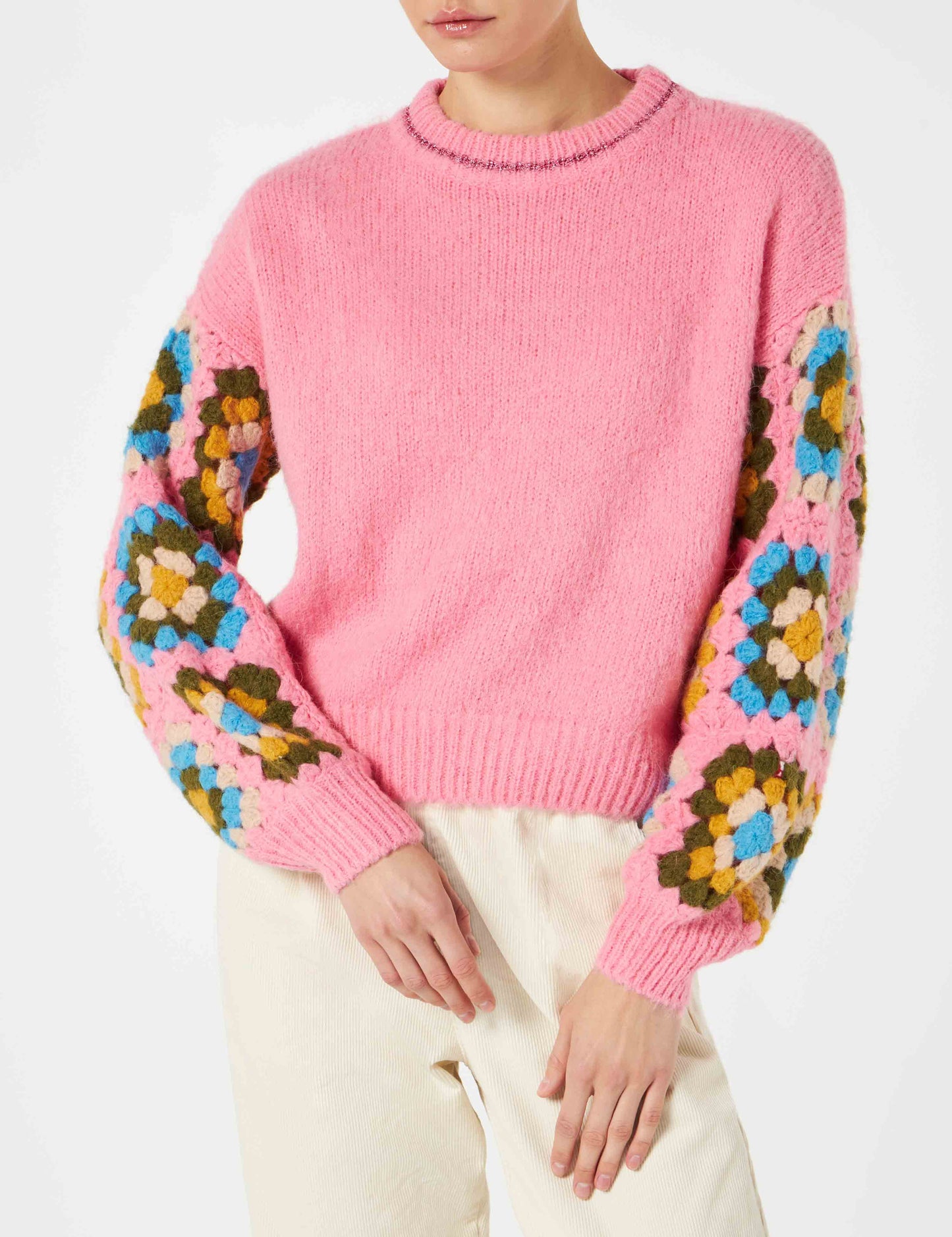 Woman ultra soft crewneck sweater with handmade crochet sleeves - MC2 Saint Barth