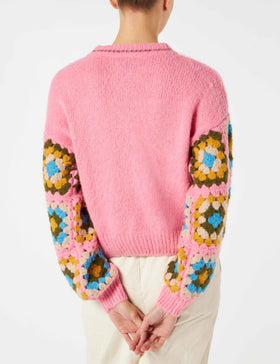 Woman ultra soft crewneck sweater with handmade crochet sleeves - MC2 Saint Barth
