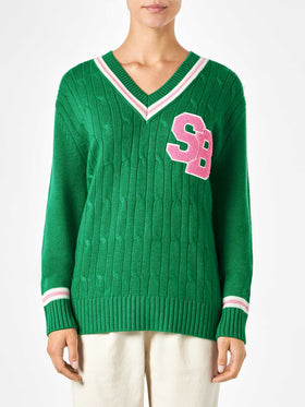 Woman v-neck braided sweater with patch - MC2 Saint Barth
