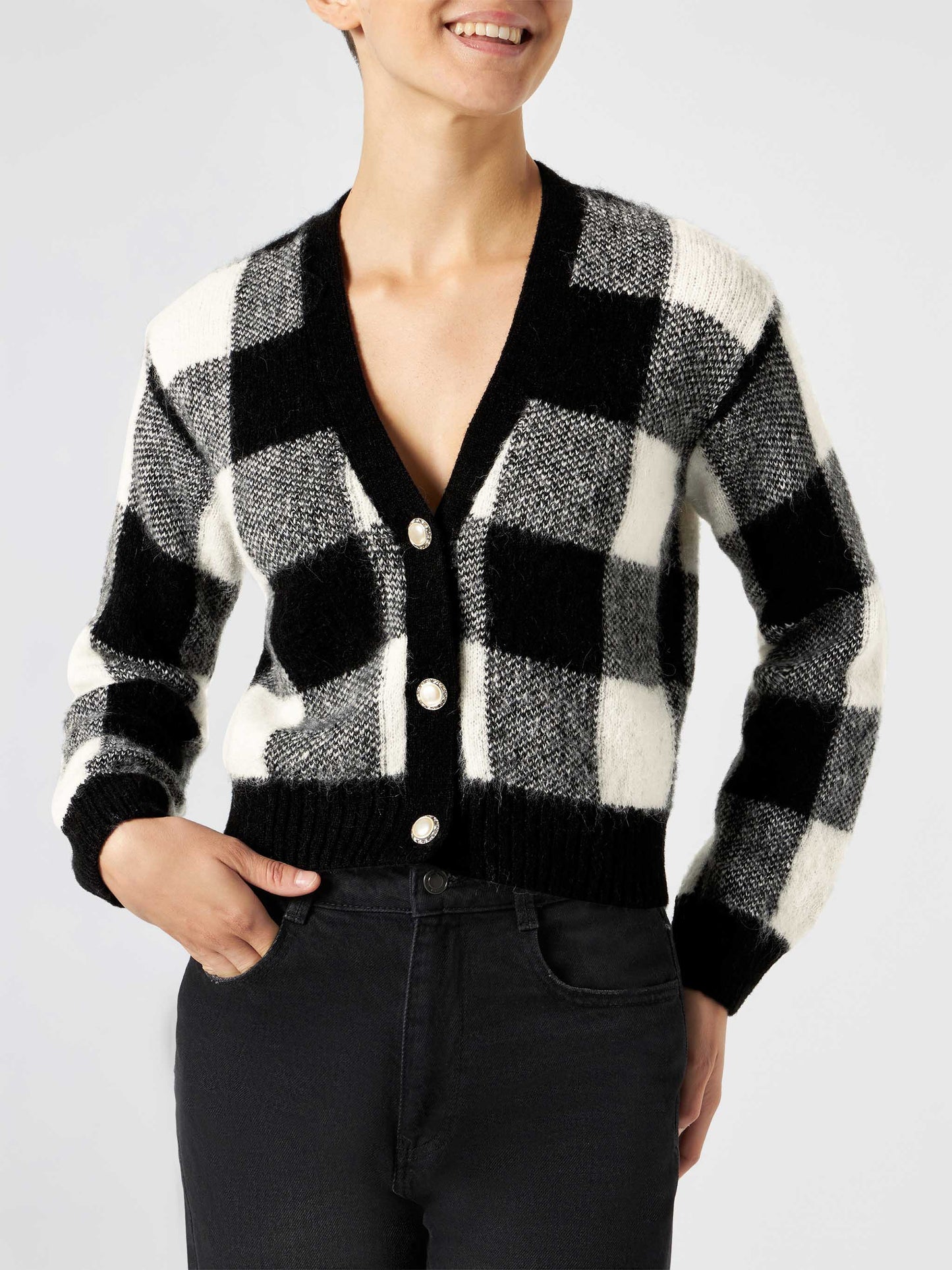 Woman short cardigan with jewel buttons and vichy print - MC2 Saint Barth