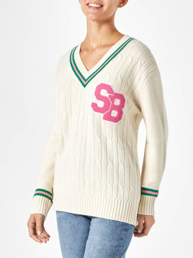 Woman v-neck braided sweater with patch - MC2 Saint Barth