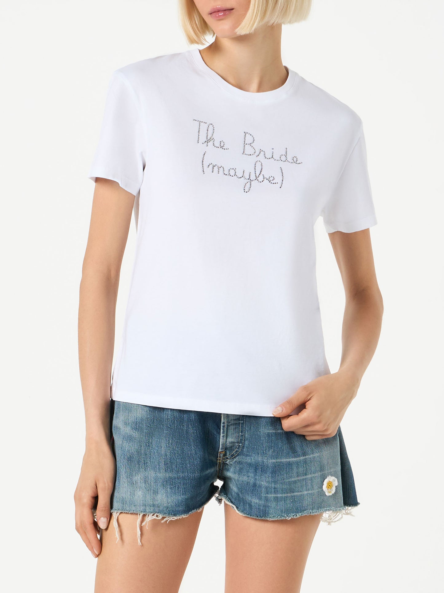 Woman cotton t-shirt with The Bride (maybe) rhinestone embroidery - MC2 Saint Barth