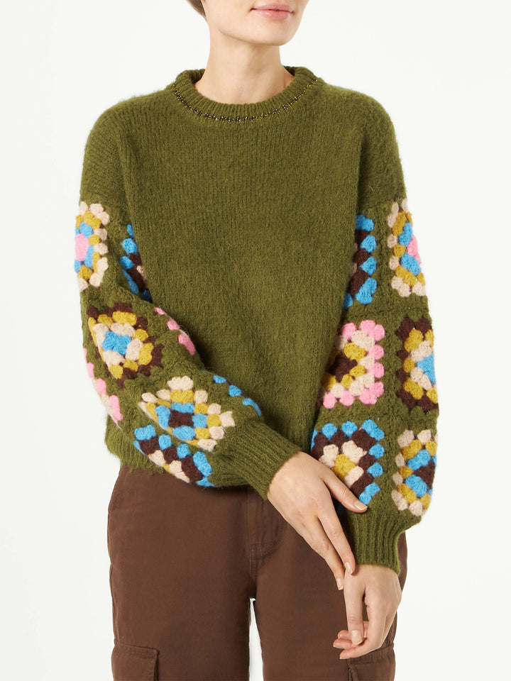 Woman ultra soft crewneck with handmade crochet sleeves - MC2 Saint Barth