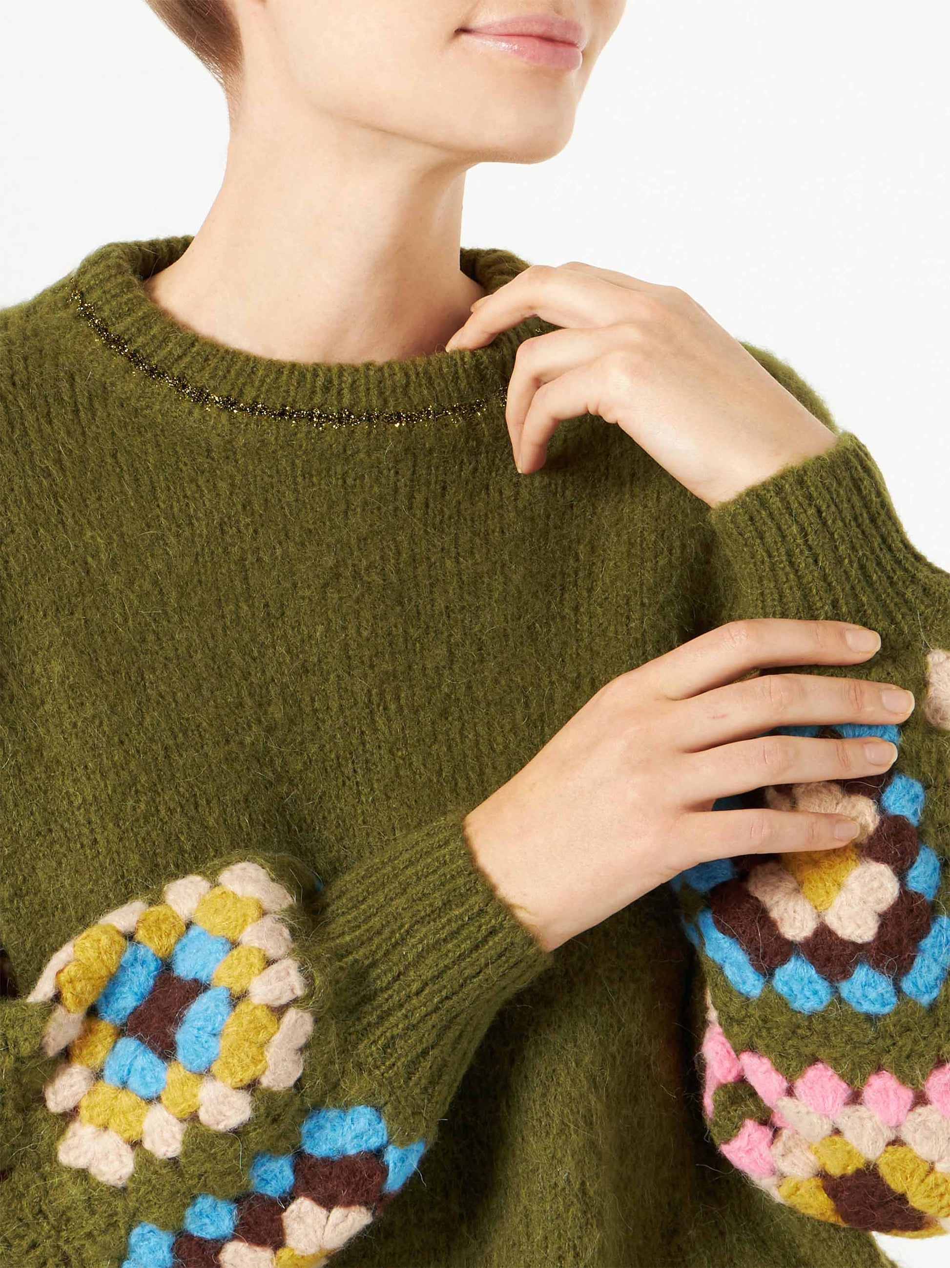 Woman ultra soft crewneck with handmade crochet sleeves - MC2 Saint Barth