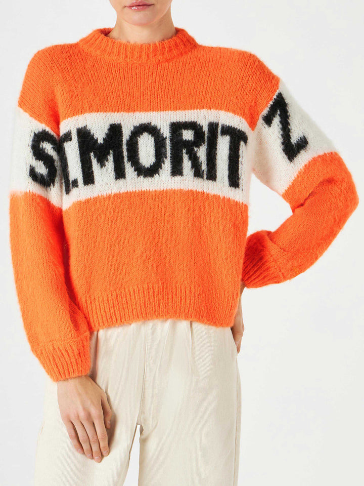 Danya Soft fluo orange sweater with St. Moritz embroidery